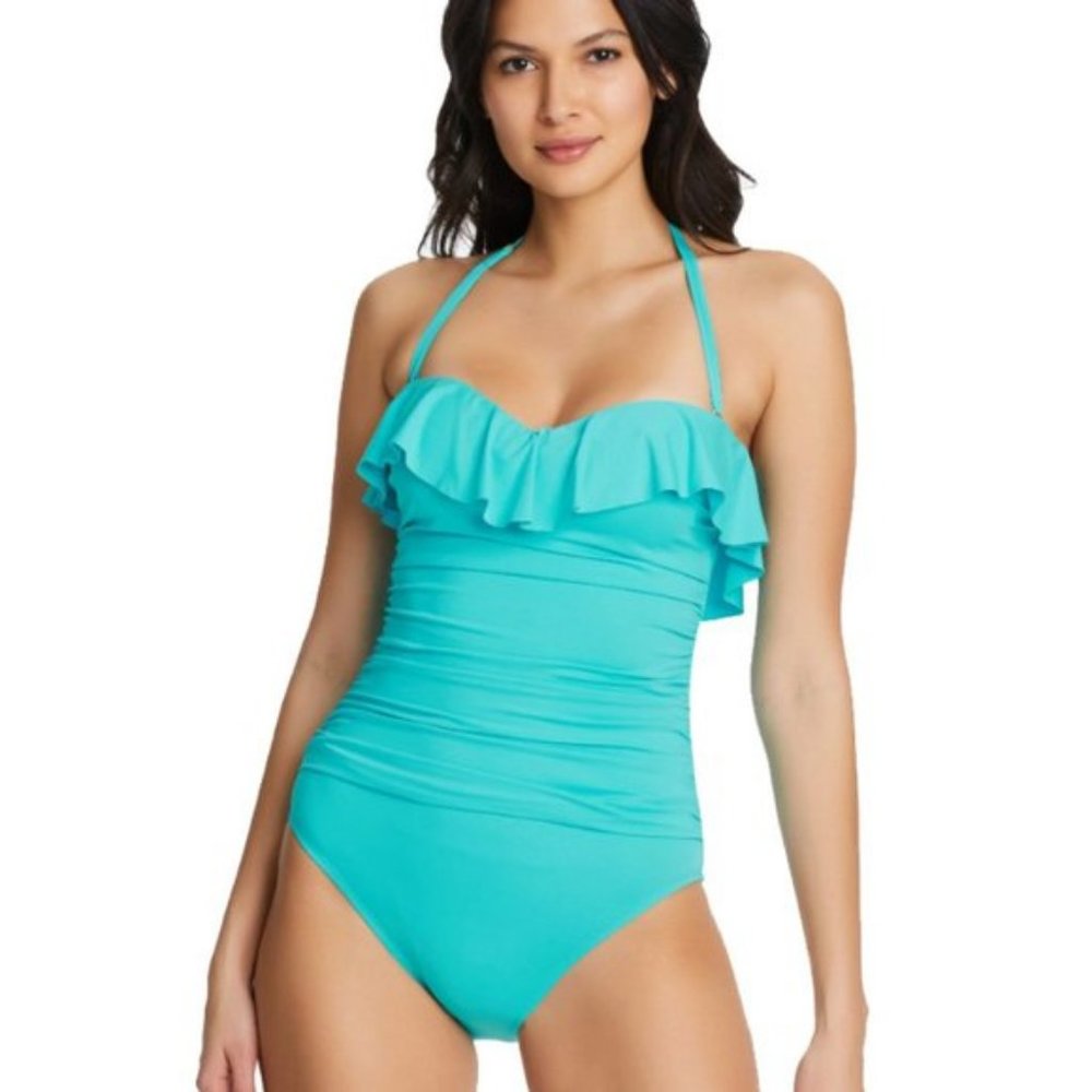 NWT! Bleu Rod Beattie Wave Runner Ruffle Bandeau One Piece Swimsuit NEW!